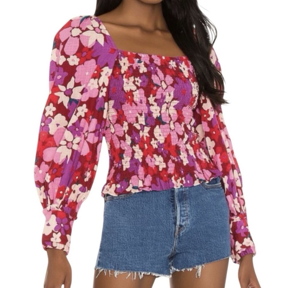 Free People Ariana Smocked Floral Top M Pink Red Balloon Sleeve Cottagecore